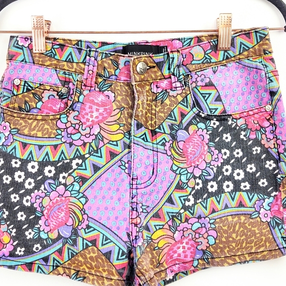 MinkPink Denim Shorts Pink Patchwork Floral Cheeky Booty Shorts Size Medium - Picture 8 of 8